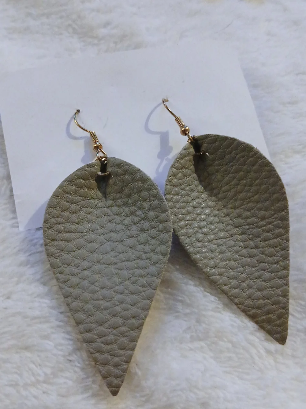 Raw Leather Teardrop Dangle Earrings - Olive/Beige & Gold Tones